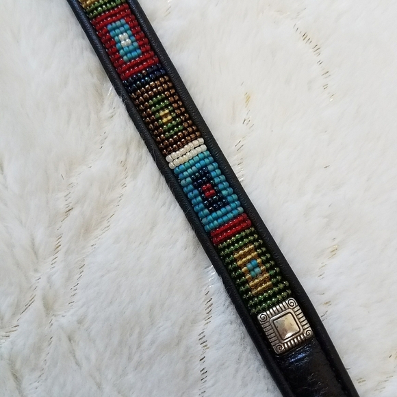 Brighton Black Leather Beaded Native American Styled Belt with Silver Buckle - Picture 5 of 9